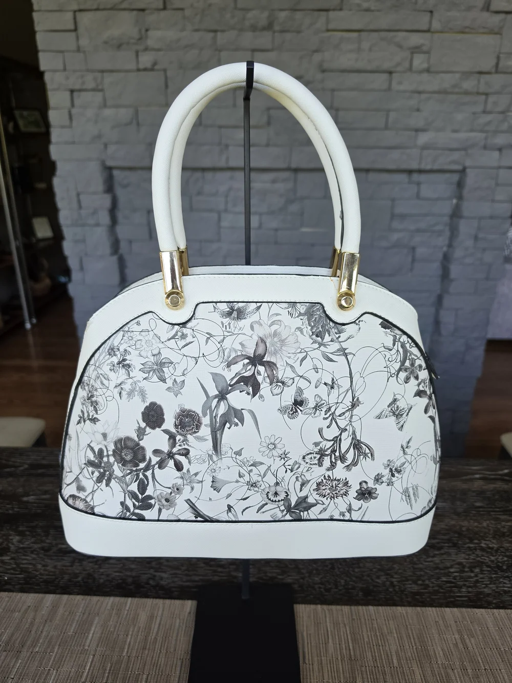 White & Black Floral Dome Satchel Handbag